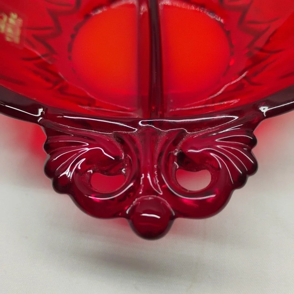 Viking Glass Red Ruby Sectioned Candy‎ Trinket Dish Bowl Original Sticker